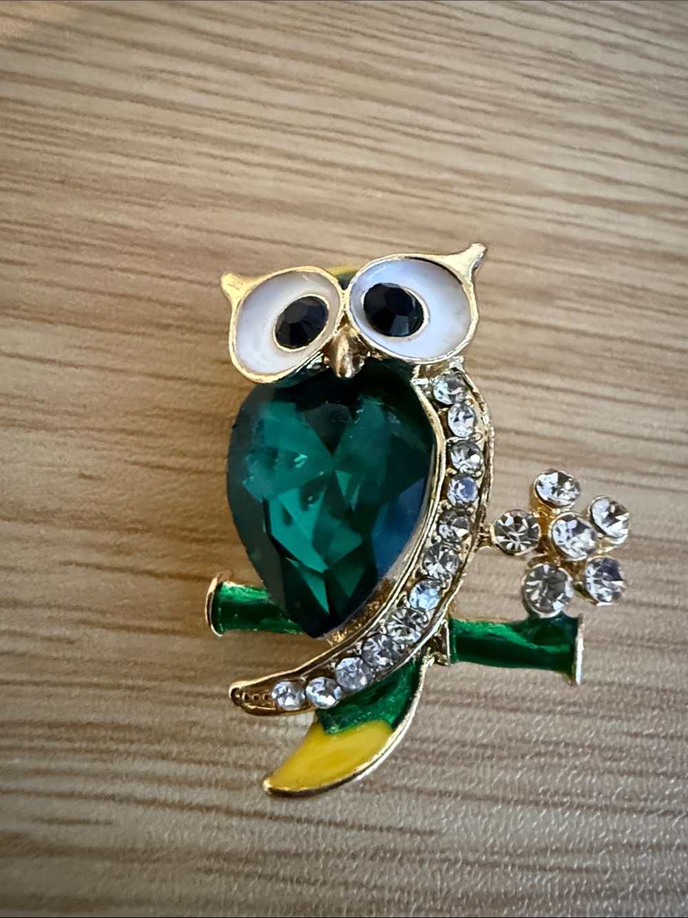 Gold and Green Owl Brooch with Crystals Emerald Color Lapel Pin